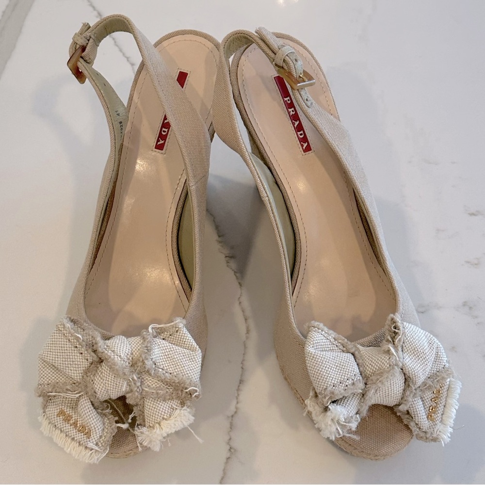 Prada Beige Canvas Peep-Toe Slingback Heels with Bow